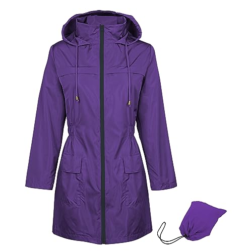 Durio Regenjacke Damen Wasserdicht Atmungsaktiv mit Kapuze Leicht Faltbar übergangsjacke Outdoorjacke mit Verstellbare Kordelzug-Taille Lila 2XL von Durio