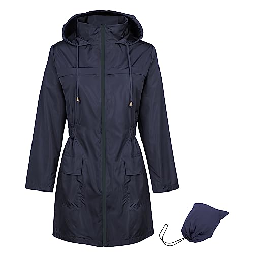 Durio Regenjacke Damen Wasserdicht Atmungsaktiv mit Kapuze Leicht Faltbar übergangsjacke Outdoorjacke mit Verstellbare Kordelzug-Taille Marineblau L von Durio