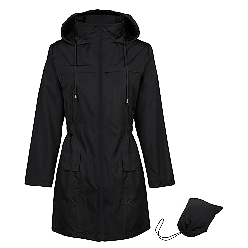 Durio Regenjacke Damen Wasserdicht Atmungsaktiv mit Kapuze Leicht Faltbar übergangsjacke Outdoorjacke mit Verstellbare Kordelzug-Taille Schwarz 2XL von Durio