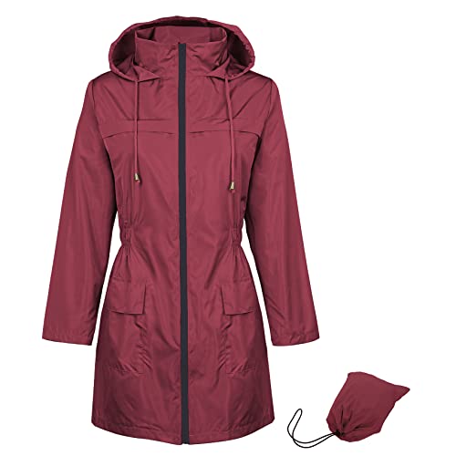 Durio Regenjacke Damen Wasserdicht Atmungsaktiv mit Kapuze Leicht Faltbar übergangsjacke Outdoorjacke mit Verstellbare Kordelzug-Taille Weinrot 2XL von Durio