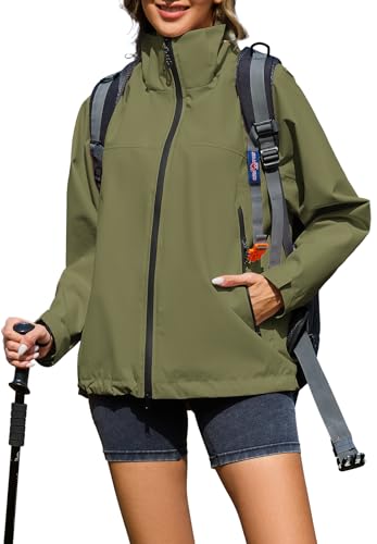 Durio Regenjacke Damen Wasserdicht Leicht Atmungsaktive Windbreaker Jacke mit Kapuze Fahrradjacke Fahrrad Sport Outdoorjacke für Frauen XL Armeegrün von Durio