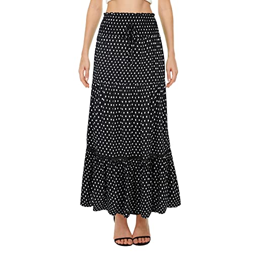 Durio Rock Damen Lang Maxirock Boho Sommerrock Faltenrock Strandkleider Elastische Taille Schwarze Tupfen 36-38 (Tag Size S) von Durio