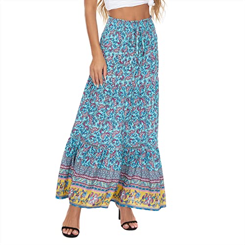 Durio Rock Damen Lang Plisseerock Maxirock Boho Sommerrock Faltenrock Strandkleider Elastische Taille Blau-Blumen 40-42 (Tag Size L) von Durio