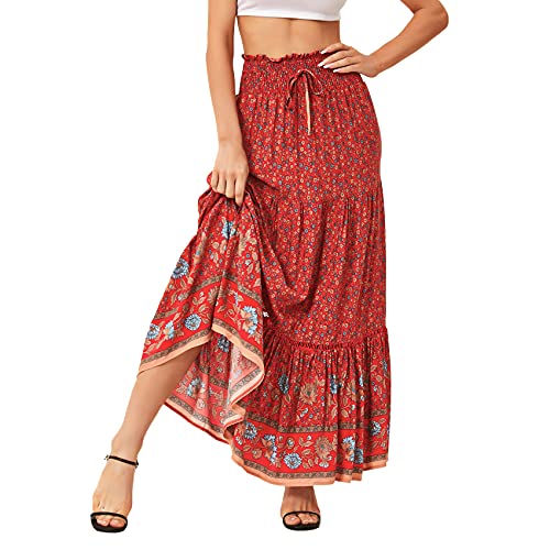 Durio Rock Damen Lang Plisseerock Maxirock Boho Sommerrock Faltenrock Strandkleider Elastische Taille Rot 36-38 (Tag Size S) von Durio