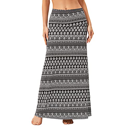 Durio Rock Damen Maxirock Lang Boho Maxiskirt Weich Sommerrock Casual Kleider für Frauen Schwarz u. Weiß XL von Durio