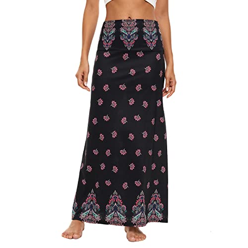 Durio Rock Maxirock Boho Lang Damen Rock Weich Damenrock Freizeitrock mit hohem Bund Skirt Elastisch Schwarz u. Rosa Blumen 36-38 (Tag Size S) von Durio