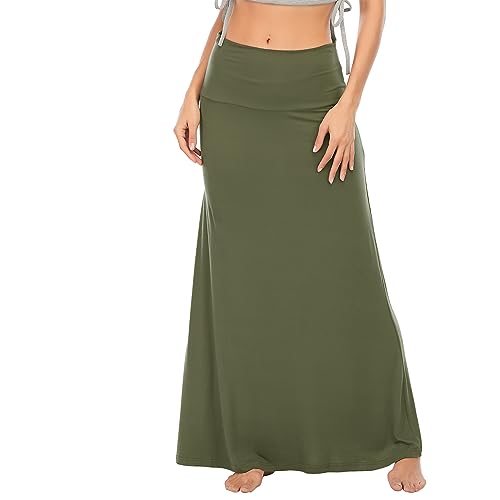 Durio Rock Maxirock Lang Damen Rock Weich Damenrock Freizeitrock mit hohem Bund Skirt Elastisch Armeegrün 42-44 (Tag Size XL) von Durio