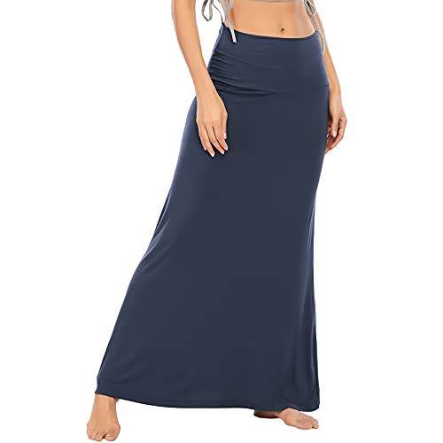 Durio Rock Maxirock Lang Damen Rock Weich Damenrock Freizeitrock mit hohem Bund Skirt Elastisch Navy 36-38 (Tag Size S) von Durio