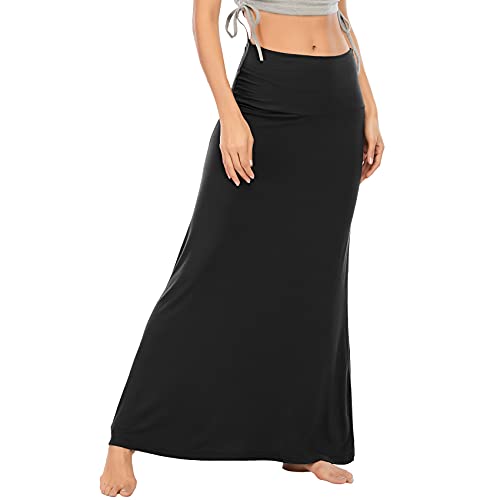 Durio Rock Maxirock Lang Damen Rock Weich Damenrock Freizeitrock mit hohem Bund Skirt Elastisch Schwarz 40-42 (Tag Size L) von Durio