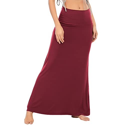 Durio Rock Maxirock Lang Damen Rock Weich Damenrock Freizeitrock mit hohem Bund Skirt Elastisch Weinrot 36-38 (Tag Size S) von Durio