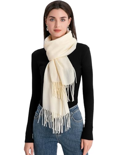 Durio Schal Damen Herbst Winter Lange Winterschal für Damen und Herren Warmer Damenschal mit Fransen Sahneweiß von Durio