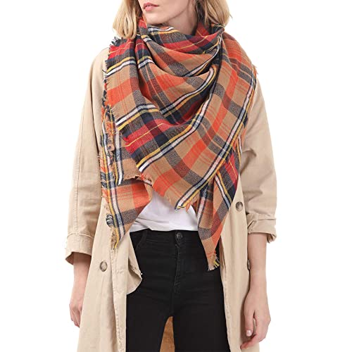 Durio Schal Damen Karoschal Winter Weich Deckenschal Übergroßer Strickschal Kariert Tuch Elegant mit Fransen Orange Einheitsgröße von Durio