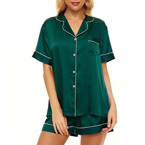 Durio Schlafanzug Damen Kurz Nachtwäsche Pyjamaset Pyjama Damen Kurz Pyjamas Für Frauen Taschen Sleepwear Sommer V-Ausschnitt Dunkelgrün 40 von Durio