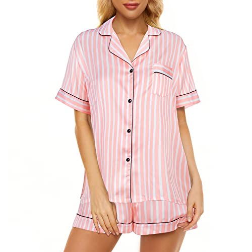 Durio Schlafanzug Damen Kurz Nachtwäsche Pyjamaset Pyjama Damen Kurz Pyjamas Für Frauen Taschen Sleepwear Sommer V-Ausschnitt Rosa Streifen 36 von Durio