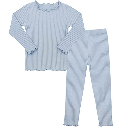 Durio Schlafanzug Kinder Pyjama Set Mädchen Jungen Schlafanzug Baumwolle Langarm Pyjama Volant Zweiteilig Hell Blau 104 von Durio