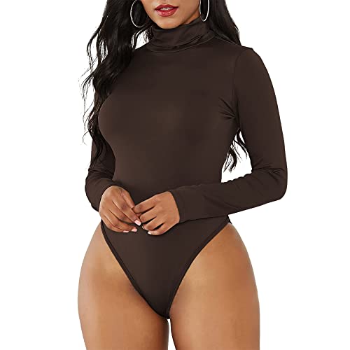 Durio Sexy Body Damen Langarm Elegant Bodysuit Tops Bodies Oberteil Overall Stringbody mit Rollkragen Braun 42 (Tag Size L) von Durio