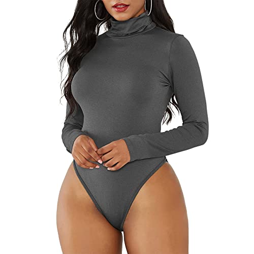 Durio Sexy Body Damen Langarm Elegant Bodysuit Tops Bodies Oberteil Overall Stringbody mit Rollkragen Dunkelgrau 38-40 (Tag Size M) von Durio