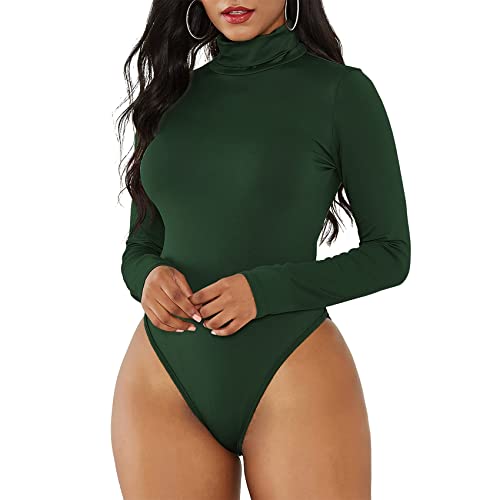 Durio Sexy Body Damen Langarm Elegant Bodysuit Tops Bodies Oberteil Overall Stringbody mit Rollkragen Dunkelgrün 34-36 (Tag Size S) von Durio