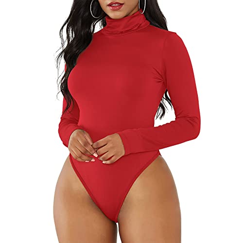 Durio Sexy Body Damen Langarm Elegant Bodysuit Tops Bodies Oberteil Overall Stringbody mit Rollkragen Rot 34-36 (Tag Size S) von Durio