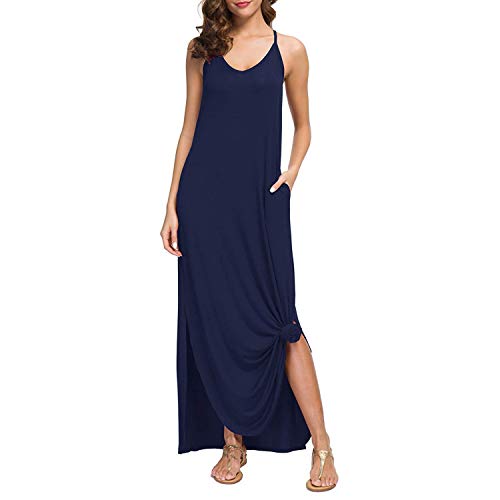 Durio Sommerkleid Damen Kleider V-Ausschnitt Lange Abendkleider Sexy Maxikleid Ärmellos Strandkleid Basic mit Taschen Navy 38 von Durio