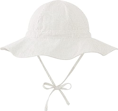 Durio Sonnenhut Baby Hut Kinder Verstellbarer Faltbare UV-Schutz mit Verstellbarem Bindebändern und Breite Krempe Beige Streifen 0-6 Monate (Tag Size XS) von Durio