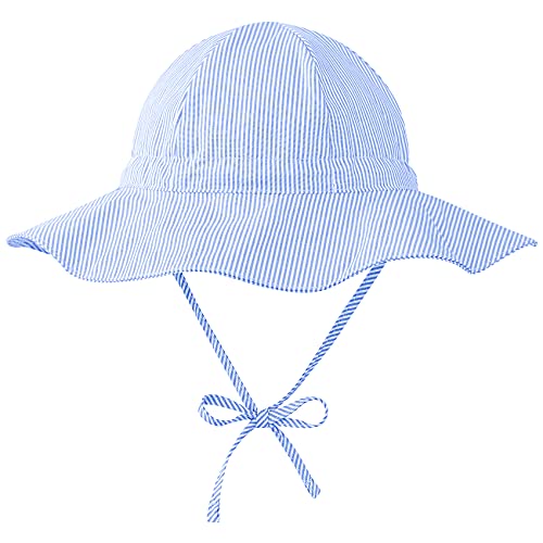 Durio Sonnenhut Baby Hut Kinder Verstellbarer Faltbare UV-Schutz mit Verstellbarem Bindebändern und Breite Krempe Blau-Weiß Streifen 6-12 Monate (Tag Size S) von Durio