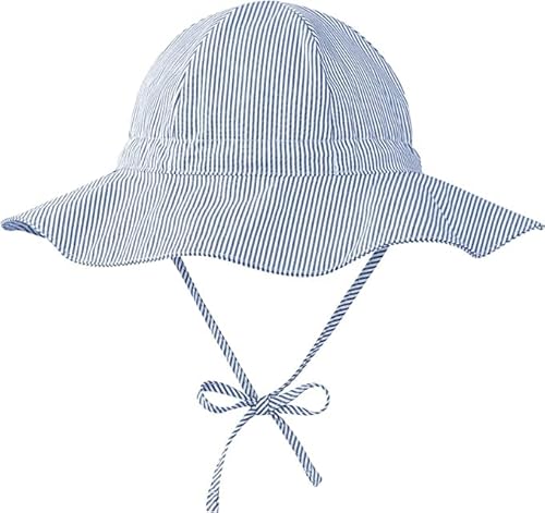 Durio Sonnenhut Baby Hut Kinder Verstellbarer Faltbare UV-Schutz mit Verstellbarem Bindebändern und Breite Krempe Dunkelblau Streifen 0-6 Monate (Tag Size XS) von Durio