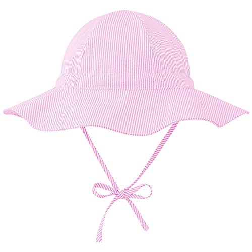 Durio Sonnenhut Baby Hut Kinder Verstellbarer Faltbare UV-Schutz mit Verstellbarem Bindebändern und Breite Krempe Rosa Streifen 0-6 Monate (Tag Size XS) von Durio