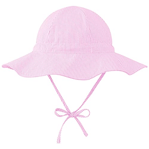 Durio Sonnenhut Baby Hut Kinder Verstellbarer Faltbare UV-Schutz mit Verstellbarem Bindebändern und Breite Krempe Rosa Streifen 12-24 Monate (Tag Size M) von Durio