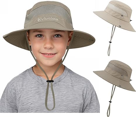 Durio Sonnenhut Baby Kinder,Sonnenmütze mit Kinnriemen,Baby Kinder Fischerhut mit Nackenschutz,Kinderhut Atmungsaktiv Sonnenschutz,Sonnenhut aus Baumwolle Tiefer Khaki seichter Reis 4-8 Jahre von Durio