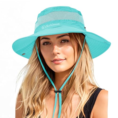 Durio Sonnenhut Damen und Herren - Outdoor Sommer Wanderhut UV-Schutz Bucket Cap mit Kinnriemen Fischerhut Safarihut Faltbar Mesh Breite Krempe Campinghut Blauer See von Durio