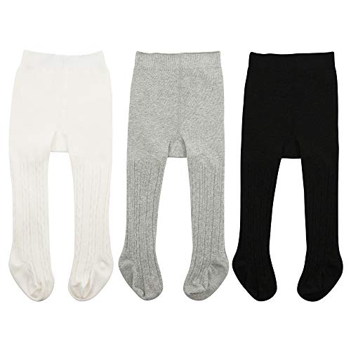 Durio Baby Strumpfhose für Mädchen Baumwolle Kinderstrumpfhose Kinder Strumpfhosen Set Warme Strümpfe Leggings 3 Paar-Weiß Schwarz Hellgrau 0-6 Monate von Durio