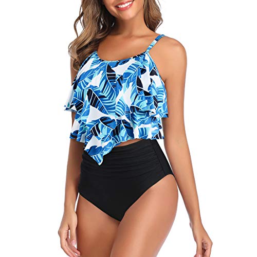 Durio Tankini Set Damen Badeanzug Push Up Bikini Set Sexy Bademode Zweiteilige Hohe Taille Swimsuit Blau 36-38 von Durio