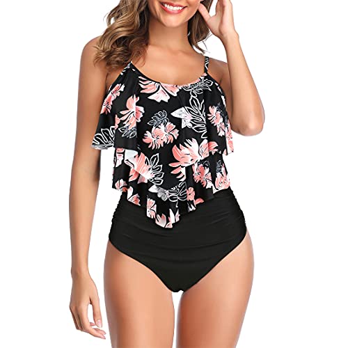 Durio Tankini Set Damen Badeanzug Push Up Bikini Set Sexy Bademode Zweiteilige Hohe Taille Swimsuit Blumen Schwarz u. rosa 42-44 von Durio