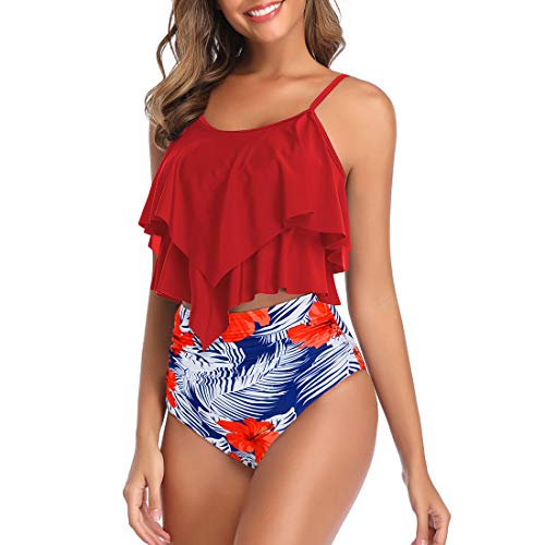 Durio Tankini Set Damen Badeanzug Push Up Bikini Set Sexy Bademode Zweiteilige Hohe Taille Swimsuit Rot 40-42 von Durio