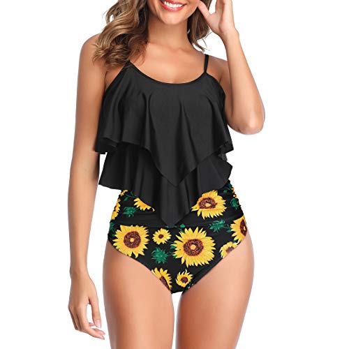 Durio Tankini Set Damen Badeanzug Push Up Bikini Set Sexy Bademode Zweiteilige Hohe Taille Swimsuit Schwarz Sonnenblume 40-42 von Durio