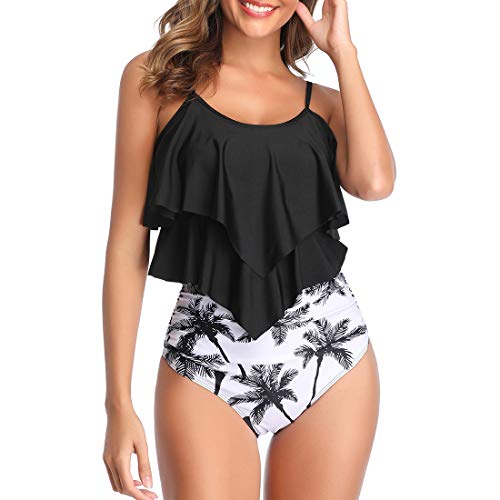 Durio Tankini Set Damen Badeanzug Push Up Bikini Set Sexy Bademode Zweiteilige Hohe Taille Swimsuit Schwarz u. Weiß 36-38 von Durio