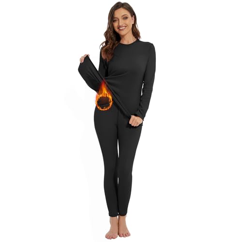 Durio Thermo-Unterwäsche Damen Winter extra warm ,Atmungsaktiv und Thermowäsche Set ,Damen Warme Unterwäsche für zu Hause und Sport im Herbst Winter Schwarz 2XL von Durio