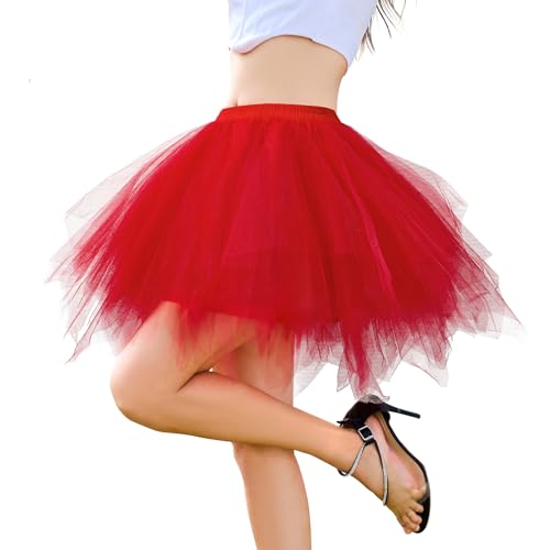 Durio Tüllrock Damen Tütü Rock 50er Rockabilly Tüll Minirock Cosplay Party Karneval Kostüm Halloween Rot von Durio