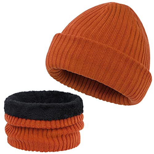 Durio Unisex Mütze Schal Set Junge Mädchen Warm Wintermütze Strickmütze Kindermütze Babymütze Karamell-Orange 2-8 Jahre (Tag Size M) von Durio