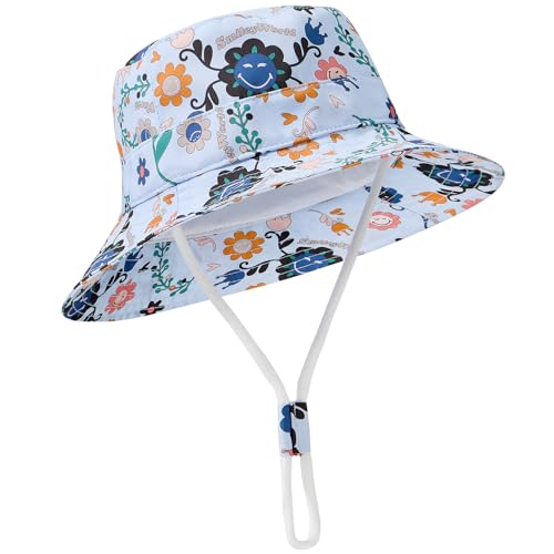 Durio Unisex Sonnenhut Kinder UV Schutz 50 Fischerhut Kinder Baby Mütze Verstellbar Sommerhut für Mädchen Jungen SmileyWorld® Blau 4 Jahre-8 Jahre von Durio