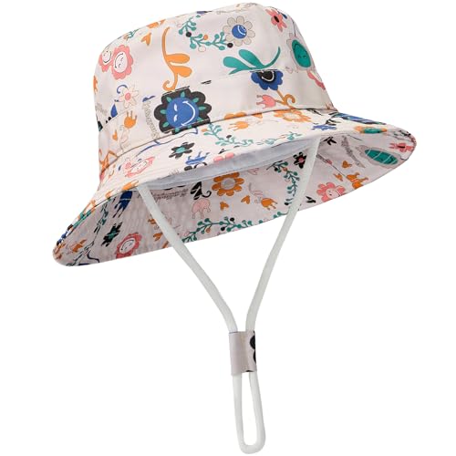Durio Unisex Sonnenhut Kinder UV Schutz 50 Fischerhut Kinder Baby Mütze Verstellbar Sommerhut für Mädchen Jungen SmileyWorld® Beige 1 Jahr-2 Jahre von Durio
