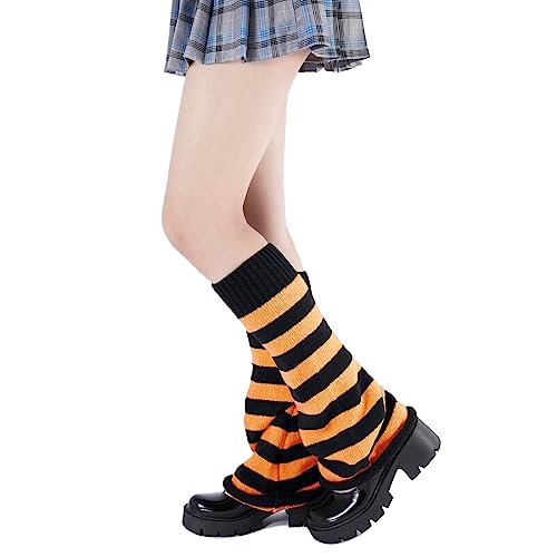 Durio Warme Stulpen Damen Gestrickte leg warmers y2k lange Beinwärmer für Cosplay Halloween Party und Yoga japanische sommer dünne beinstulpen Gothic socken Orange und Schwarz Streifen Einheitsgröße von Durio