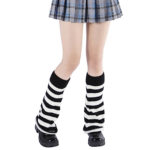 Durio Warme Stulpen Damen Gestrickte leg warmers y2k lange Beinwärmer für Cosplay Halloween Party und Yoga japanische sommer dünne beinstulpen Gothic socken Schwarze und Weiße Streifen Einheitsgröße von Durio