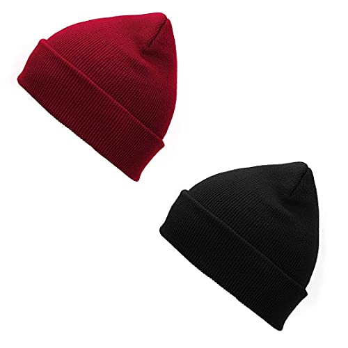 Durio Winter Beanie Mütze Wintermütze Herren Damen Unisex Strickmütze Laufmützen Einheitsgröße 2er Set Schwarz u. Dunkelrot von Durio