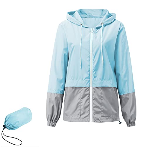 Regenjacke Damen Wasserdicht Atmungsaktiv Windbreaker Mit Kapuze Women Softshelljacke Faltbar Fahrradjacke Erwachsene Regencape Himmelblau 3XL von Durio