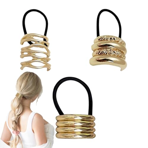 Duroecsain Haarschleifen aus Metall, geometrische elastische Haarschleifen aus Metall, 3 x elastische Haargummis für Damen, goldfarbene Haarschleifen mit geometrischem Retro-Design von Duroecsain