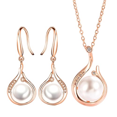 Duroecsain Perlenschmuck für Frauen, Brautschmuck, Modeschmuck für Hochzeit, Halskette und Ohrring, Imitation, Kunstperlen, für Frauen und Mädchen, Se référer au descriptif, Kupfer + Abs Imitation von Duroecsain