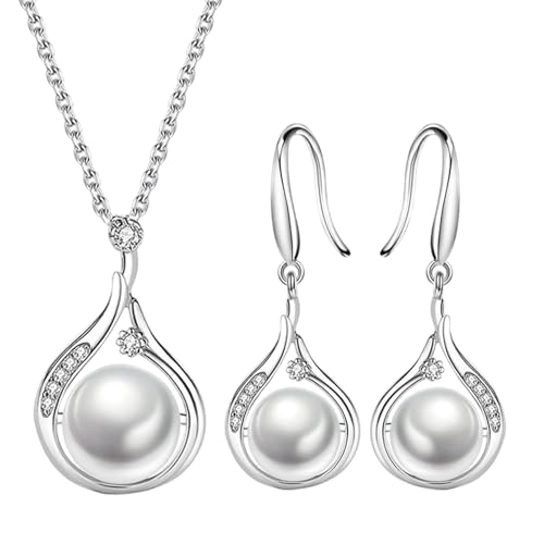 Duroecsain Perlenschmuck für Frauen, Brautschmuck, Modeschmuck für Hochzeit, Halskette und Ohrring, Imitation, Kunstperlen, für Frauen und Mädchen, Se référer au descriptif, Kupfer + Abs Imitation von Duroecsain