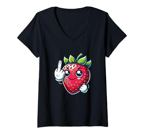 Damen Lustige Erdbeere Frucht Mittelfinger Meme T-Shirt mit V-Ausschnitt von Dustweardesign - Witziges und Niedliche Memes